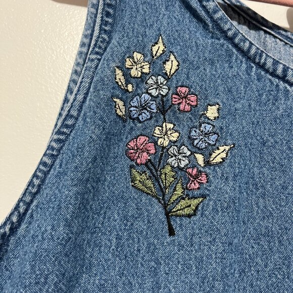 Agapo Womens Maxi Denim Jumper Dress Sz L Embroidered Floral Cottagecore Teacher - Picture 5 of 9